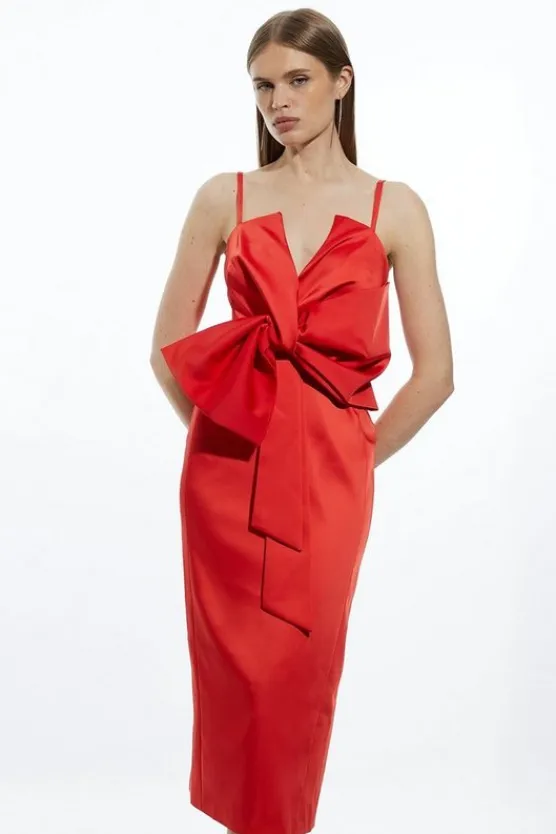Karen Millen Tailo Satin Bow Detail Midi Dress red Hot