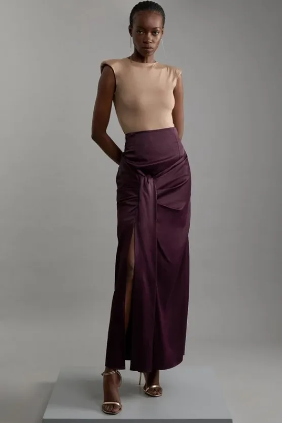 Karen Millen Tailored Satin High Waisted Draped Maxi Skirt aubergine Outlet