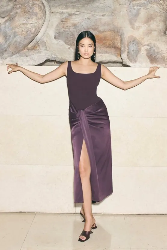 Karen Millen Tailored Satin Waist Drape Corset Maxi Dress aubergine New