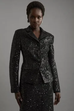 Karen Millen Tailored Sequin Tweed Single Breasted Blazer black Discount
