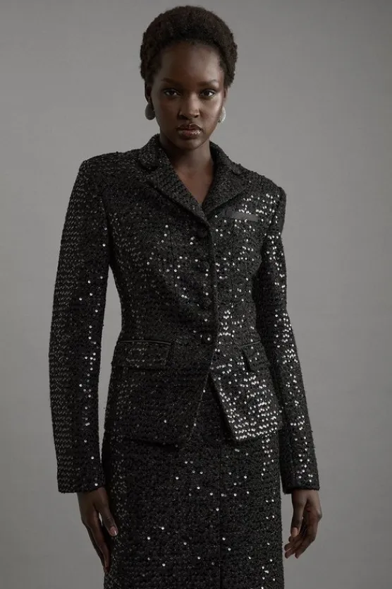 Karen Millen Tailored Sequin Tweed Single Breasted Blazer black Discount