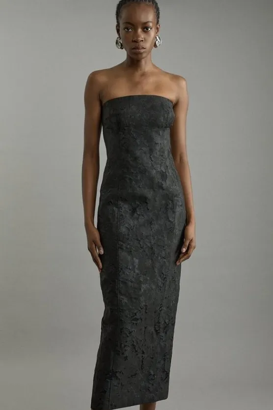 Karen Millen Tailored Sheer Jacquard Bandeau Fitted Midaxi Dress black Online
