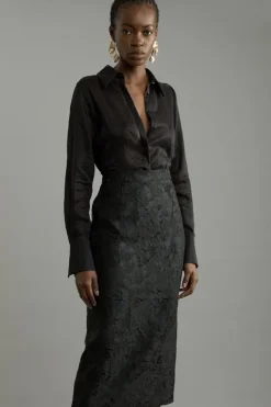 Karen Millen Tailored Sheer Jacquard Maxi Fitted Skirt black New