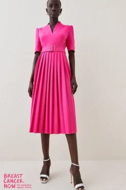 Karen Millen Tailored Structured Crepe Forever Pleat Belted Midi Dress magenta Outlet