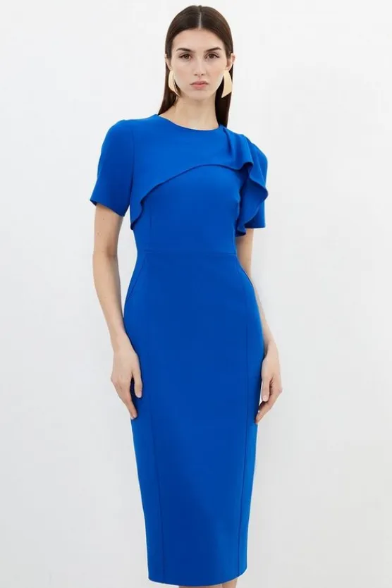 Karen Millen Tailored Structured Crepe Ruffle Detail Pencil Midi Dress cobalt Clearance