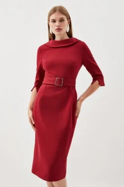 Karen Millen Tailored Structured Crepe Turtleneck Belted Midi Dress darkred Fashion