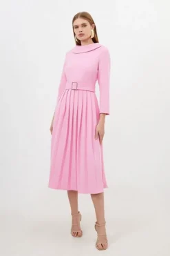Karen Millen Tailored Structured Crepe Turtleneck Pleated Midi Dress pink Hot