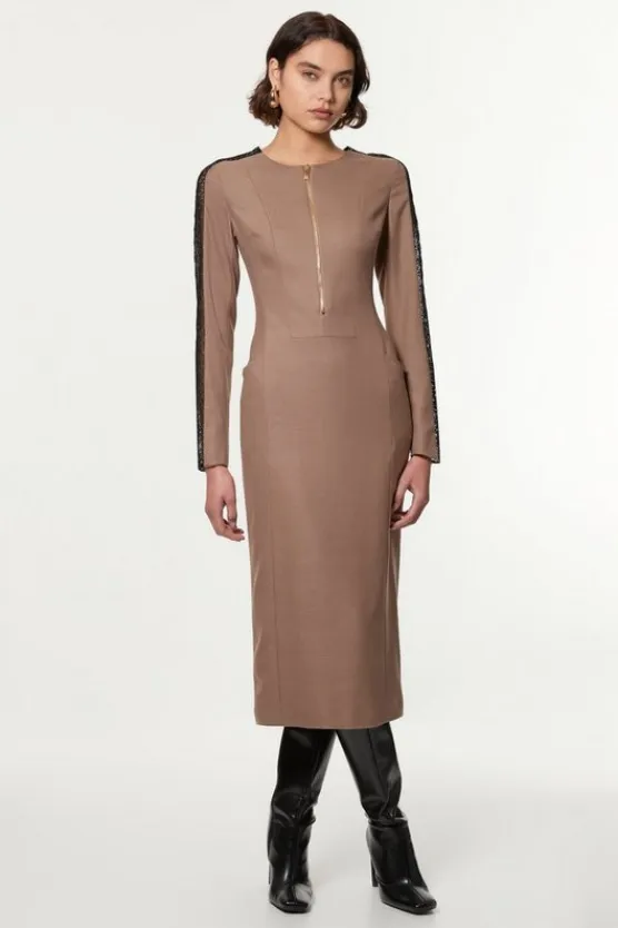 Karen Millen Tailored Twill Lace Mix Zip Front Midi Dress taupe New