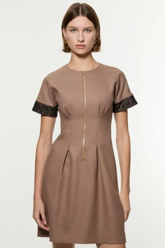 Karen Millen Tailored Twill Lace Mix Zip Front Mini Dress taupe Discount