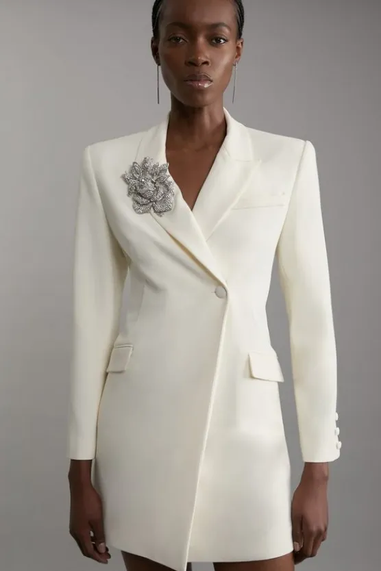 Karen Millen Tailored Viscose Crystal Embellished Blazer Mini Dress ivory Sale