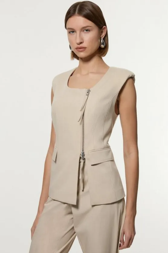 Karen Millen Tailored Viscose Zip Through Multi Stitch Vest stone Clearance
