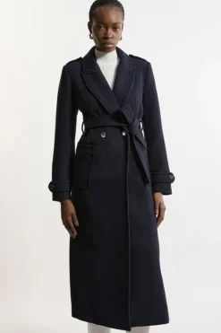 Karen Millen Tailored Wool Blend Belted Maxi Wrap Coat navy Hot