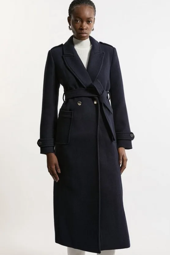 Karen Millen Tailored Wool Blend Belted Maxi Wrap Coat navy Hot