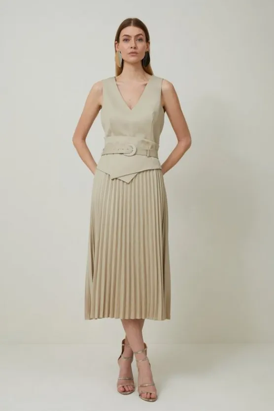 Karen Millen Tailored Wool Blend Belted Pleat Detail Midi Dress stone Best