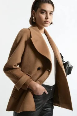 Karen Millen Tailored Wool Blend Double Breasted Short Pea Coat camel Sale
