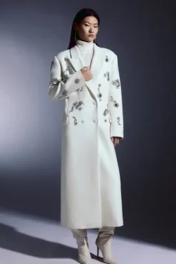 Karen Millen Tailored Wool Blend Embellished Maxi Coat ivory Outlet
