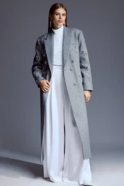 Karen Millen Tailored Wool Blend Embellished Maxi Coat grey Outlet