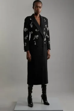 Karen Millen Tailored Wool Blend Embellished Maxi Coat black Sale