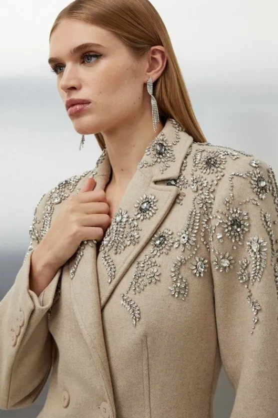 Karen Millen Tailored Wool Blend Embellished Double Breasted Midi Coat oatmeal Clearance