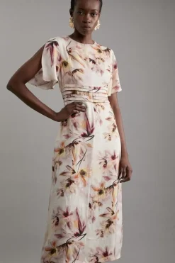 Karen Millen Tall Abstract Floral Satin Crepe Woven Midi Dress pink Best