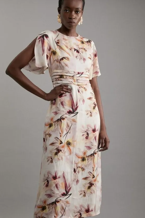 Karen Millen Tall Abstract Floral Satin Crepe Woven Midi Dress pink Best