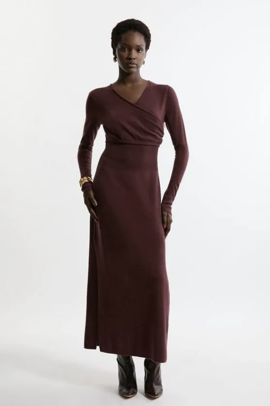 Karen Millen Tall Alpaca Wool Ballet Wrap Midi Knit Dress chocolate New