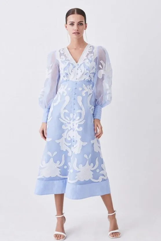 Karen Millen Tall Applique Organdie Buttoned Woven Maxi Dress blue Hot
