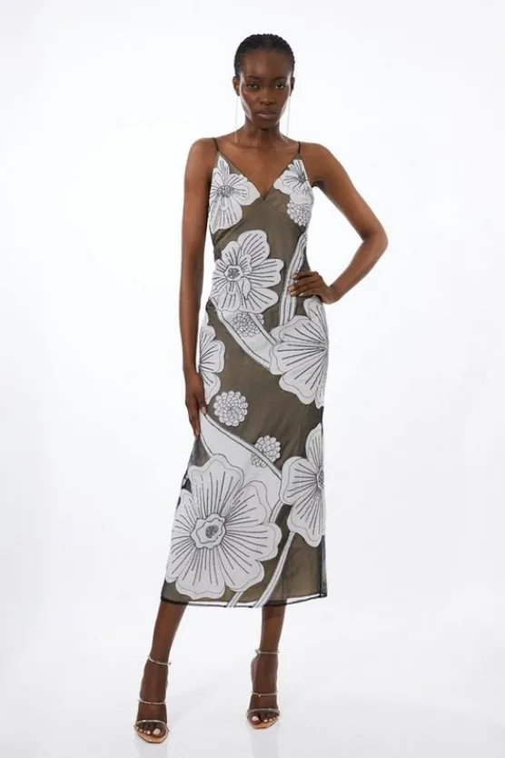 Karen Millen Tall Applique Organdie Woven Midi Dress mono Best