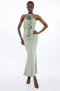 Karen Millen Tall Backless Tie Rosette Slinky Jersey Maxi Dress sage Best