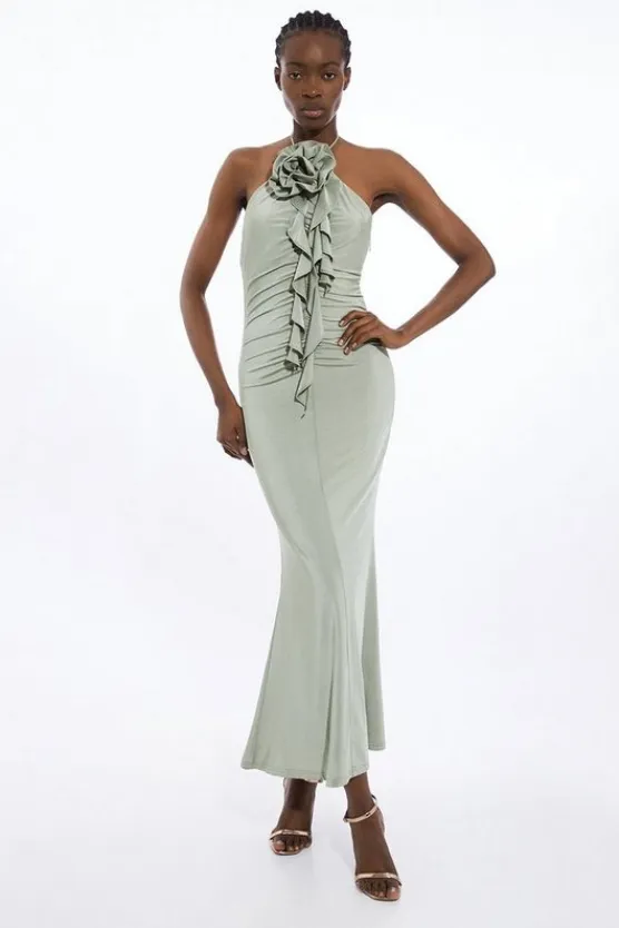 Karen Millen Tall Backless Tie Rosette Slinky Jersey Maxi Dress sage Best