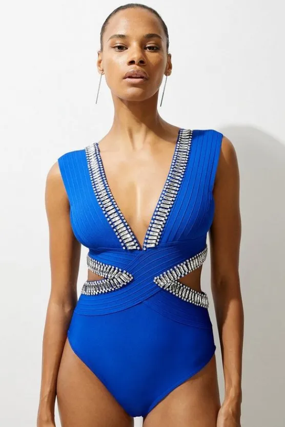 Karen Millen Tall Bandage Embellished Trim Cut Out Swimsuit cobalt New