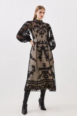 Karen Millen Tall Baroque Applique Woven Midi Dress black Clearance