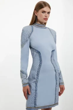 Karen Millen Tall Beaded And Embellished Ponte Jersey Mini Dress paleblue Hot