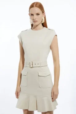 Karen Millen Tall Belted Ponte Jersey Frill Hem Mini Dress cream Fashion