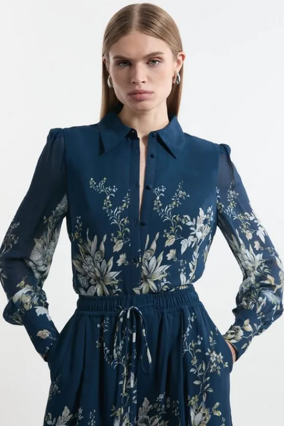 Karen Millen Tall Border Print Viscose Piped Woven Shirt Balloon Sleeve Shirt darknavy Clearance