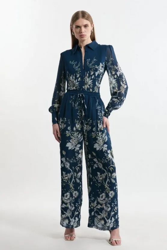 Karen Millen Tall Border Print Viscose Piped Woven Wide Leg Pants darknavy Outlet