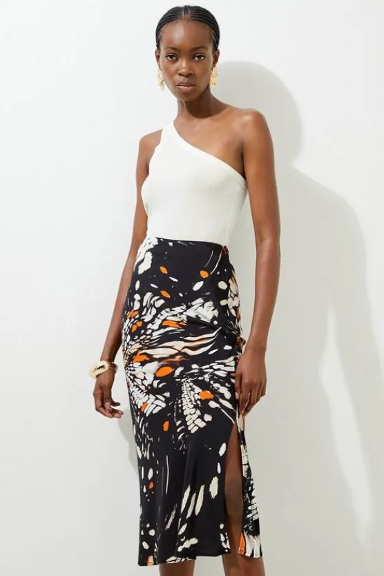 Karen Millen Tall Butterfly Printed Viscose Crepe Woven Maxi Skirt black Fashion