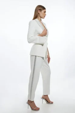 Karen Millen Tall Clean Tailored Hot Fix Split Hem Slim Leg Pants ivory New