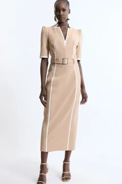 Karen Millen Tall Compact Stretch Contrast Tipped Forever Belted Tailored Midi Dress camel Discount