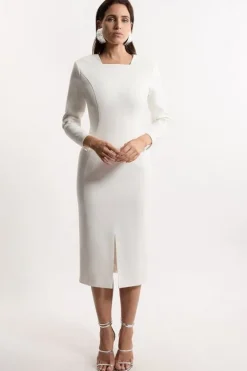 Karen Millen Tall Compact Stretch Fitted Tailored Maxi Dress ivory Outlet