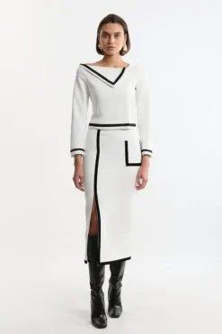 Karen Millen Tall Compact Stretch Tipped Velvet Contrast Tailored Pencil Skirt mono Best