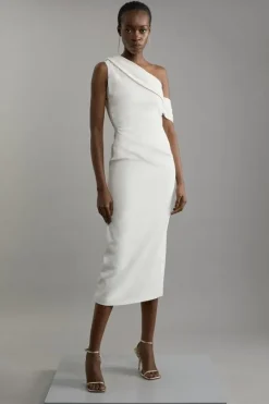 Karen Millen Tall Compact Stretch Viscose Asymmetric Tailored Pencil Midi Dress ivory New