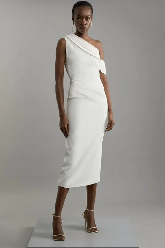 Karen Millen Tall Compact Stretch Viscose Asymmetric Tailored Pencil Midi Dress ivory New