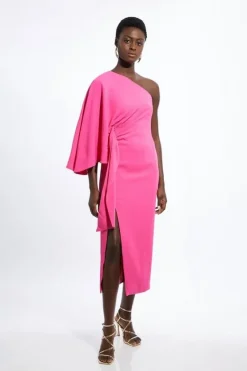 Karen Millen Tall Compact Stretch Viscose Drape Sleeve One Shoulder Tailored Maxi Dress brightpink Fashion