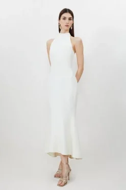Karen Millen Tall Compact Stretch Waterfall Hem High Neck Midi Dress cream Online