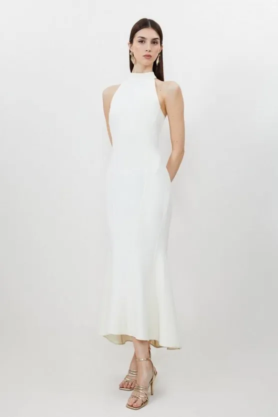 Karen Millen Tall Compact Stretch Waterfall Hem High Neck Midi Dress cream Online