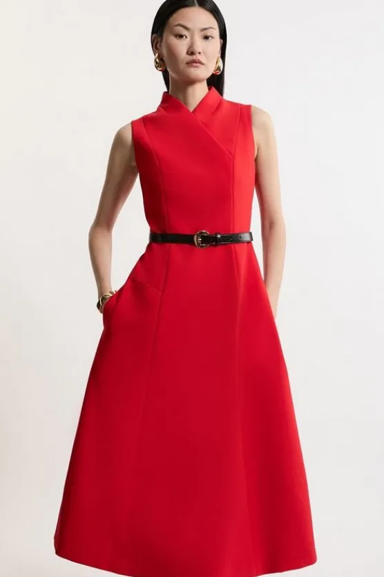 Karen Millen Tall Compact Stretch Wrap Neck Tailo Midi Dress red Online