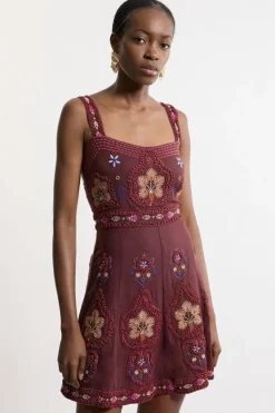 Karen Millen Tall Cotton Embroidered Strappy Woven Mini Dress purple Clearance