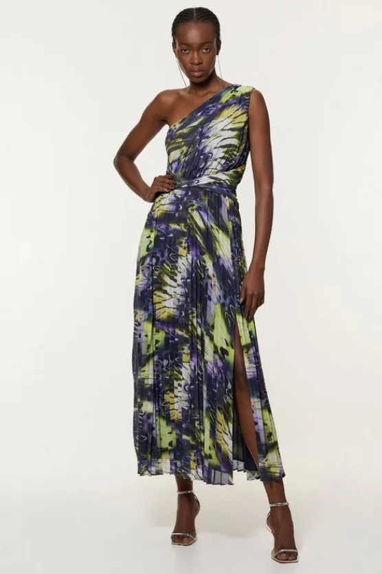 Karen Millen Tall Crinkle Feather Print Woven One Shoulder Maxi Dress multi Fashion