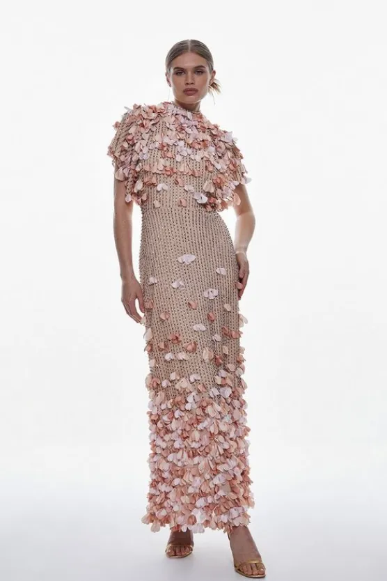 Karen Millen Tall Crystal Applique Angel Sleeve Woven Midaxi Dress pink Discount